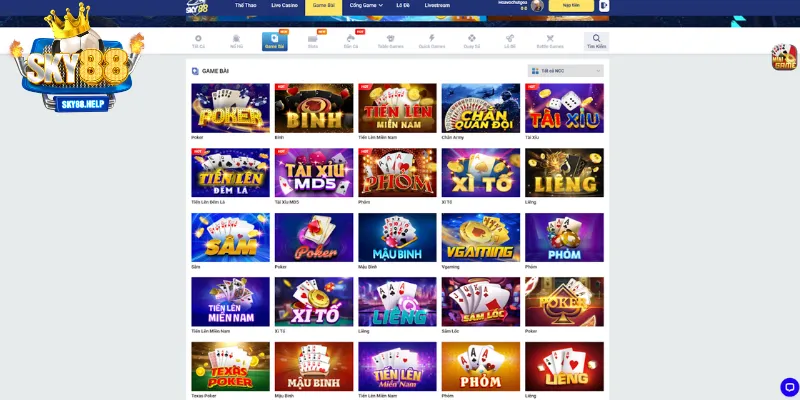 Các loại game bài trong Sky88