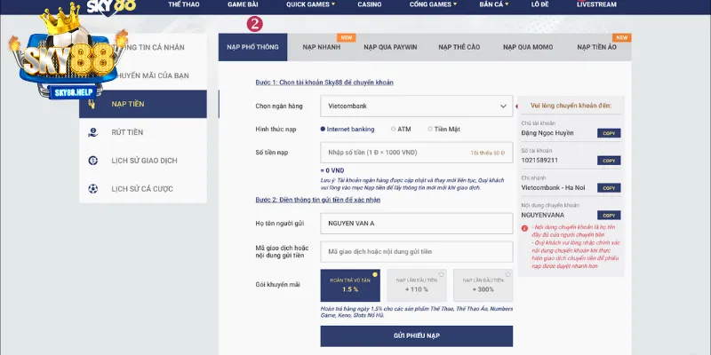 Cách nạp tiền vào tài khoản nhà cái sky88